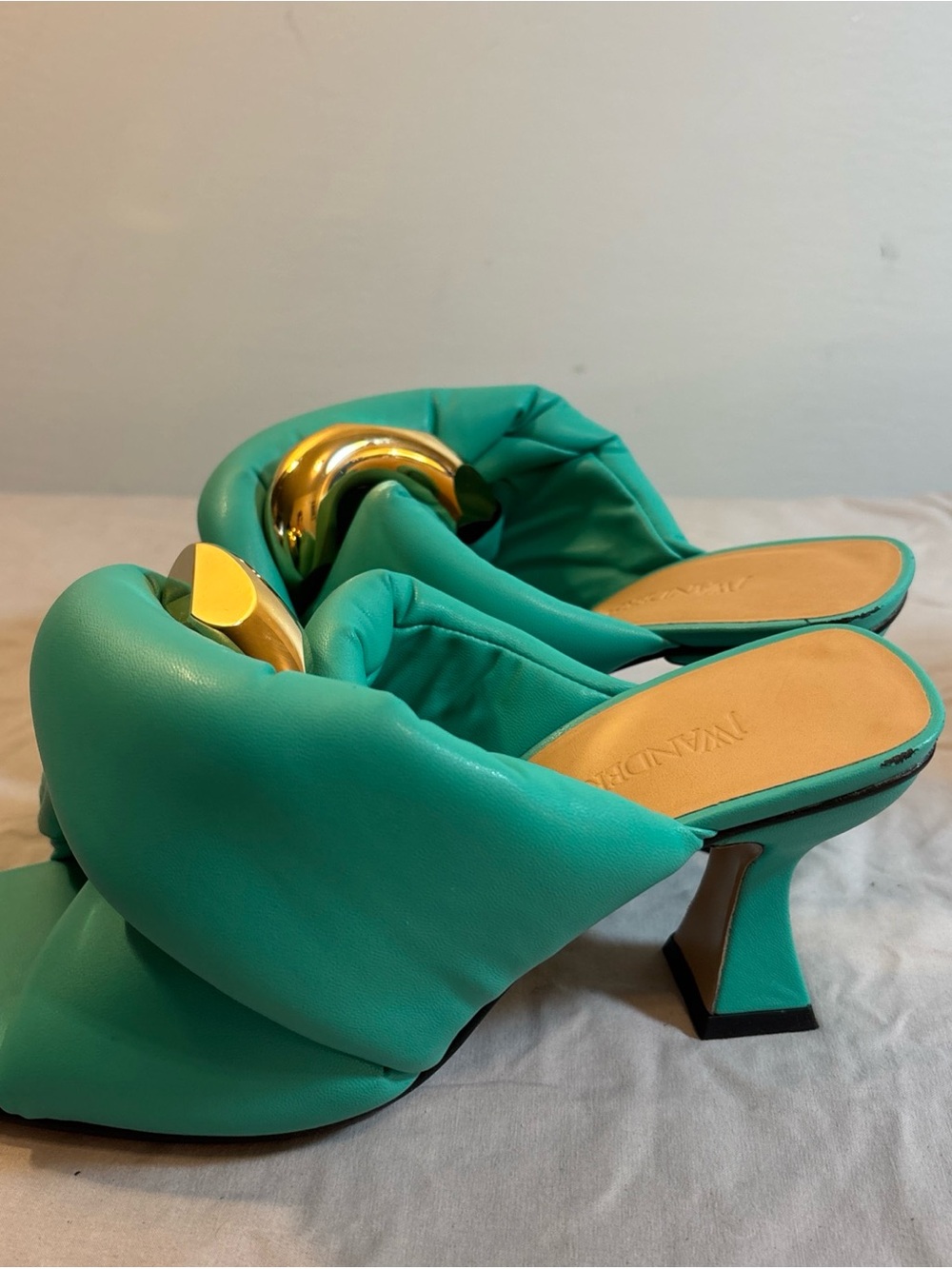 Turquoise Quilted Slide Heels with Gold Accent - Picture 5 of 13